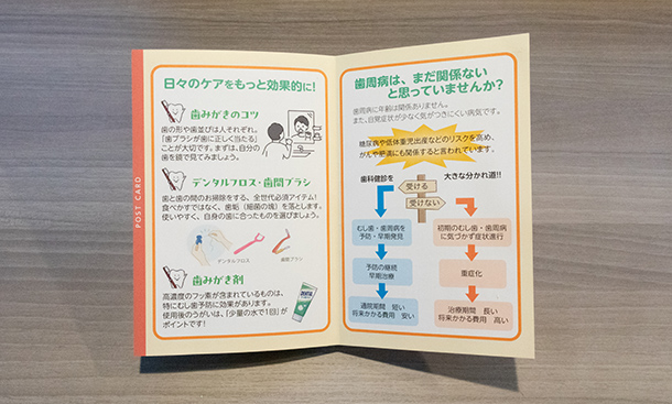 Z折り圧着はがきの商品サンプルを片面開いたところ
